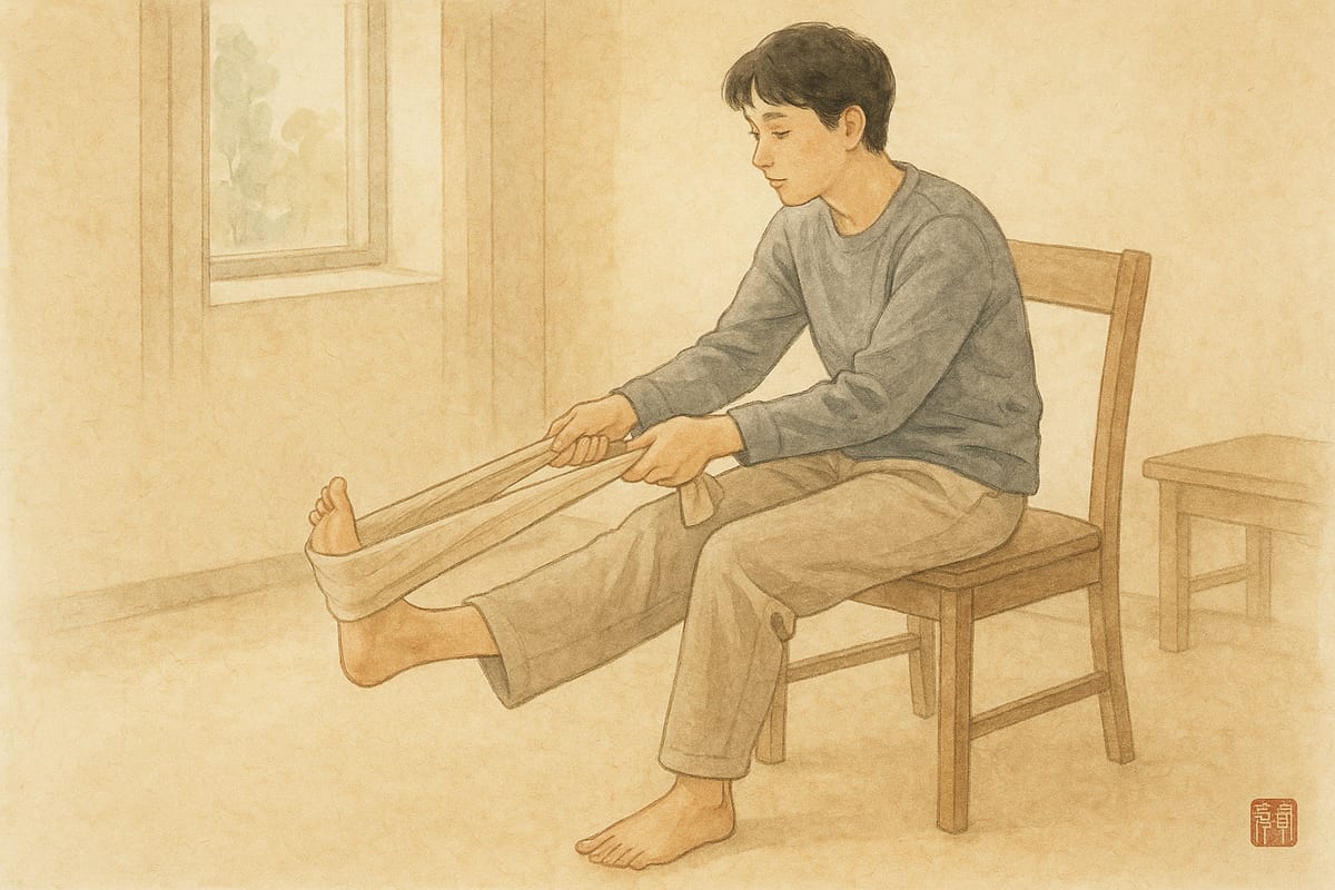 의자에 앉아 수건을 발끝에 걸고 발목을 천천히 당기는 사람