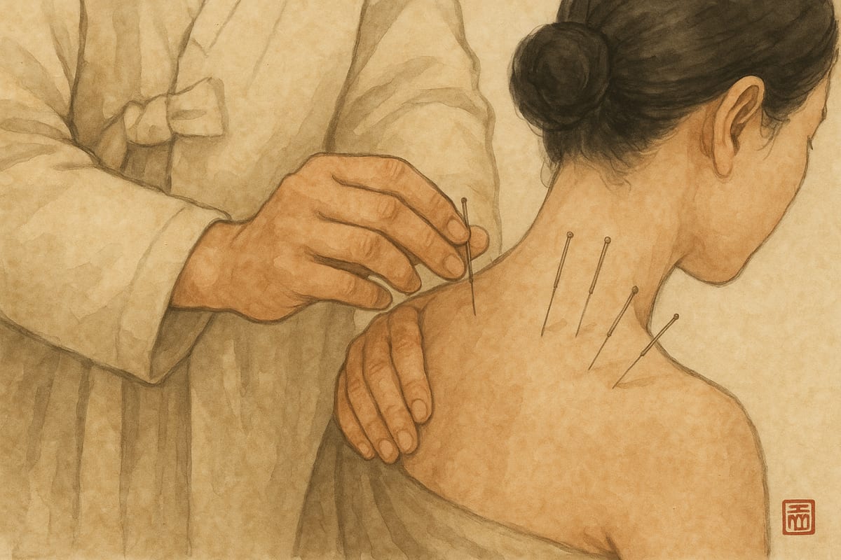 환자의 목과 어깨에 침 치료를 하는 모습
