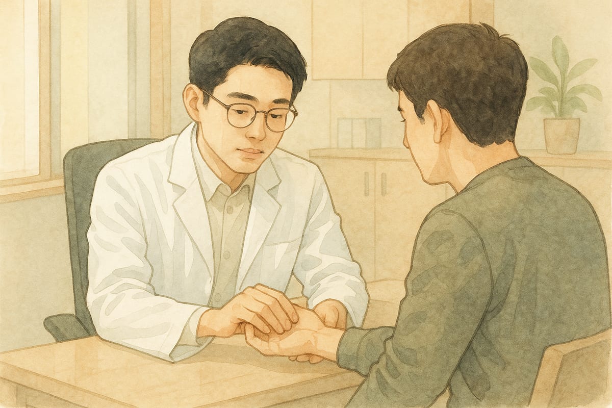 밝은 진료실에서 환자의 손목과 손가락 상태를 살피며 진맥하는 한의사