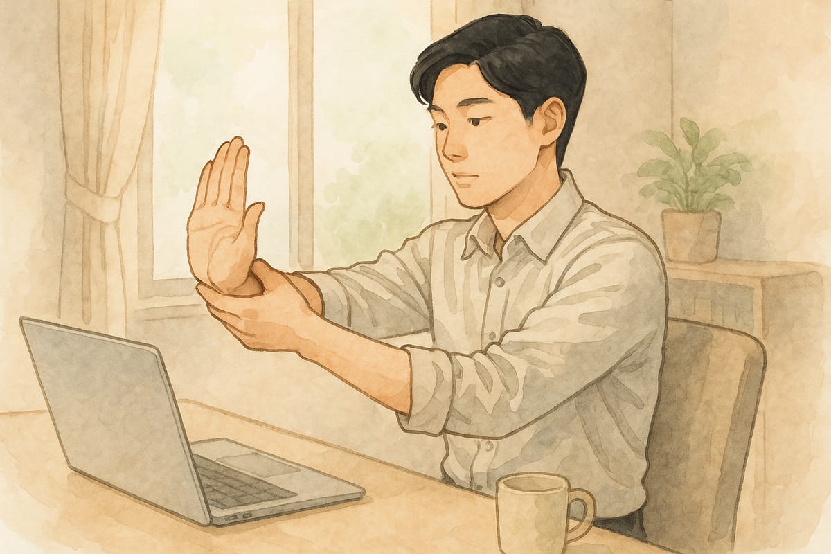책상 앞에서 팔을 앞으로 뻗고 손바닥을 세워 손목을 천천히 늘여 주는 사람