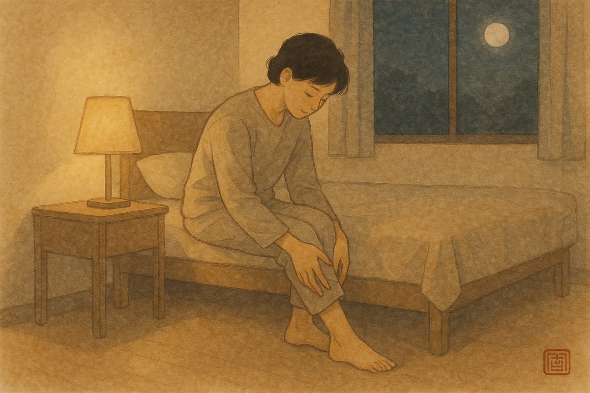 한밤중 침대 곁에서 종아리를 감싸 쥐고 있는 사람의 모습
