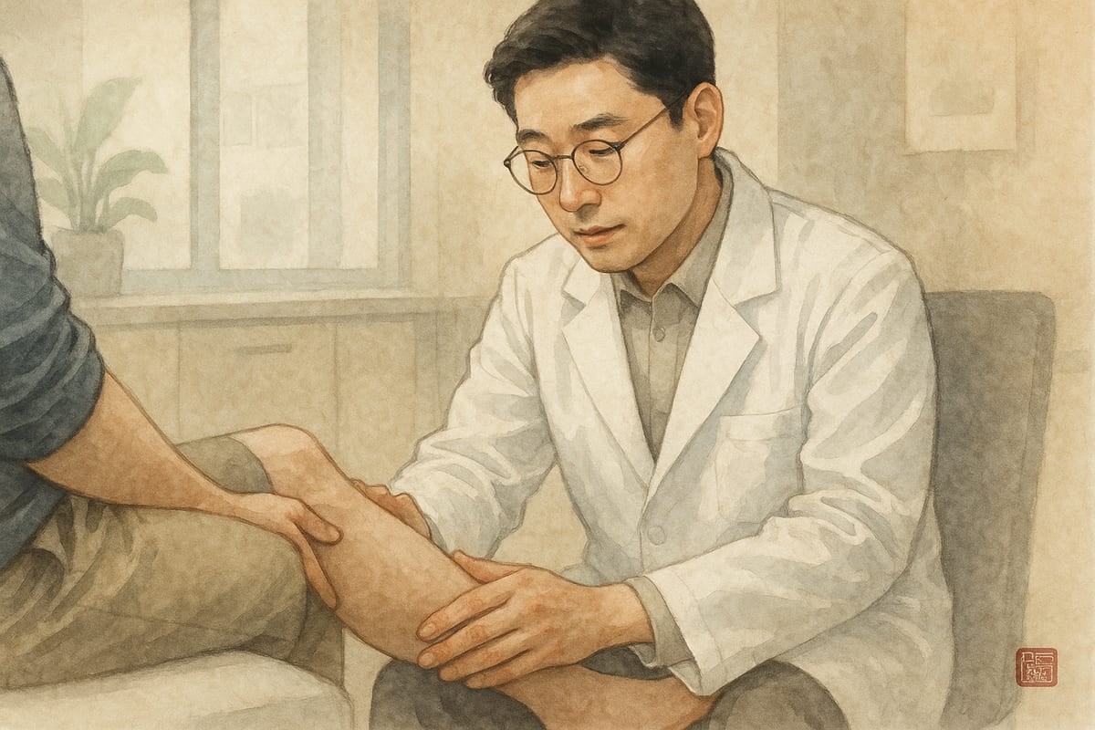 밝은 진료실에서 환자의 종아리 상태를 조심스럽게 살피는 한의사