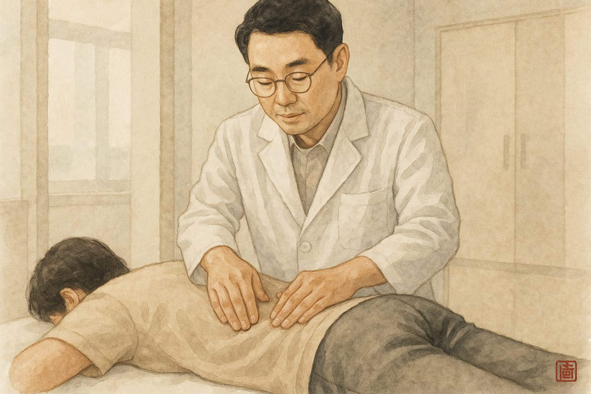 진료실에서 허리를 살피는 한의사