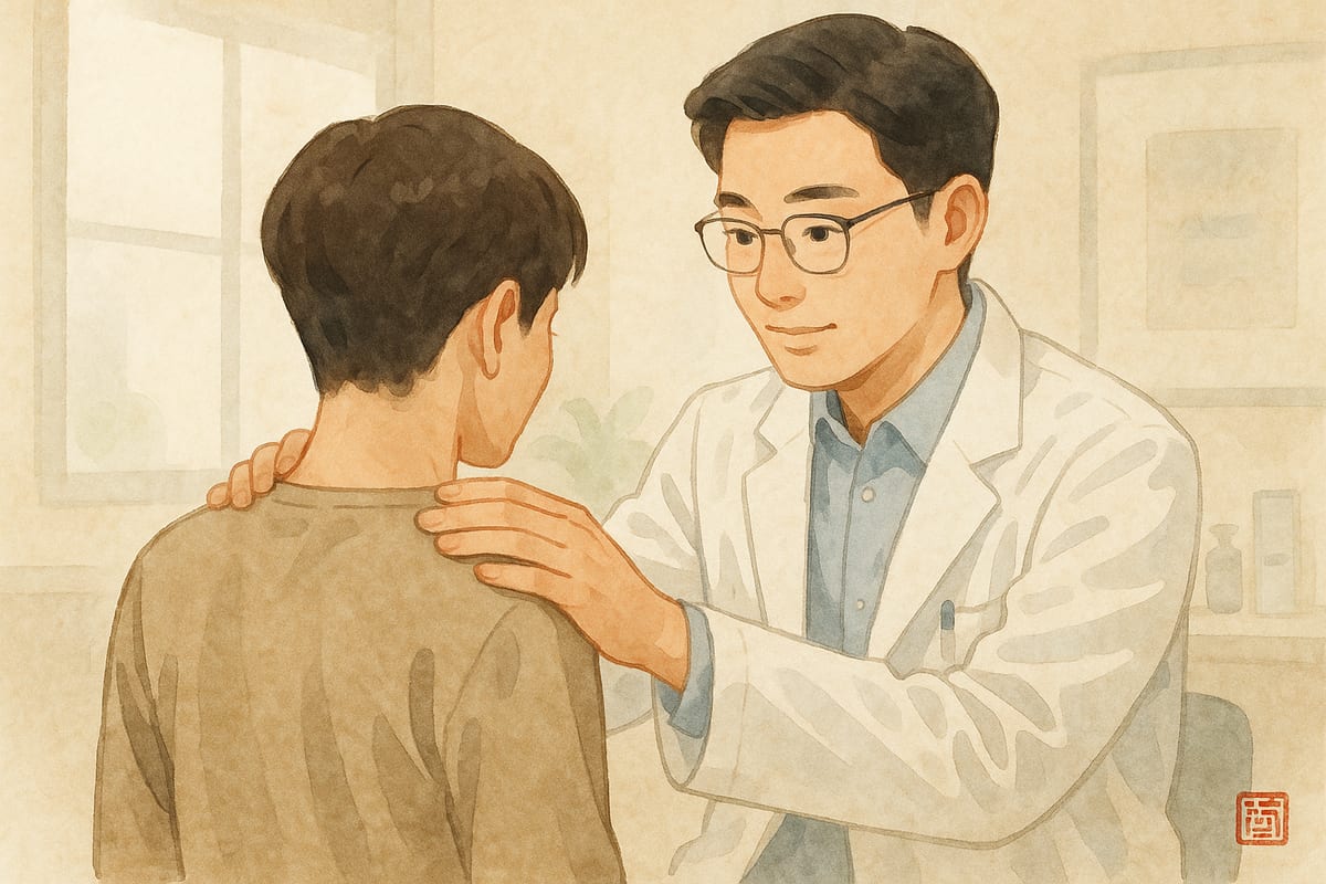 밝은 진료실에서 환자의 목과 어깨를 살피는 한의사