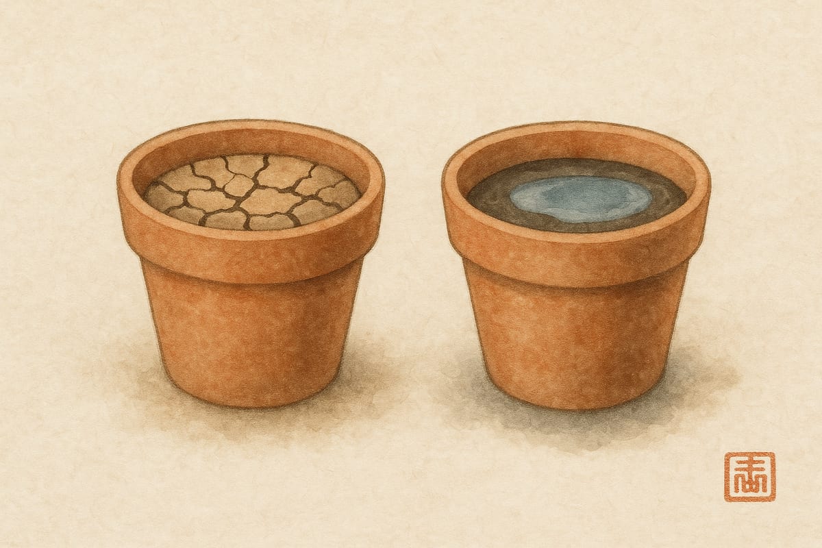 마른 화분과 물이 고인 화분 비유