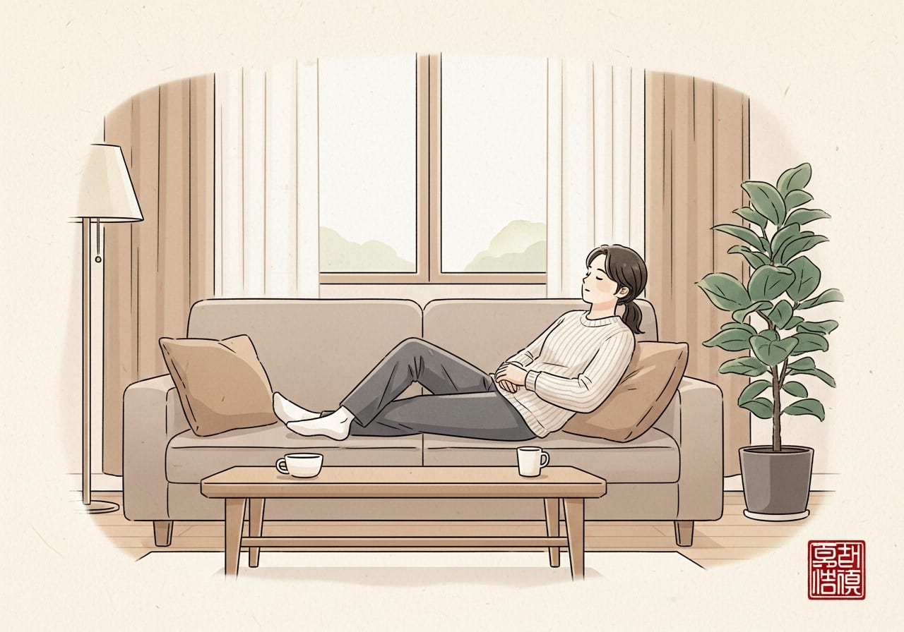 편안한 실내에서 휴식을 취하며 몸을 돌보는 모습