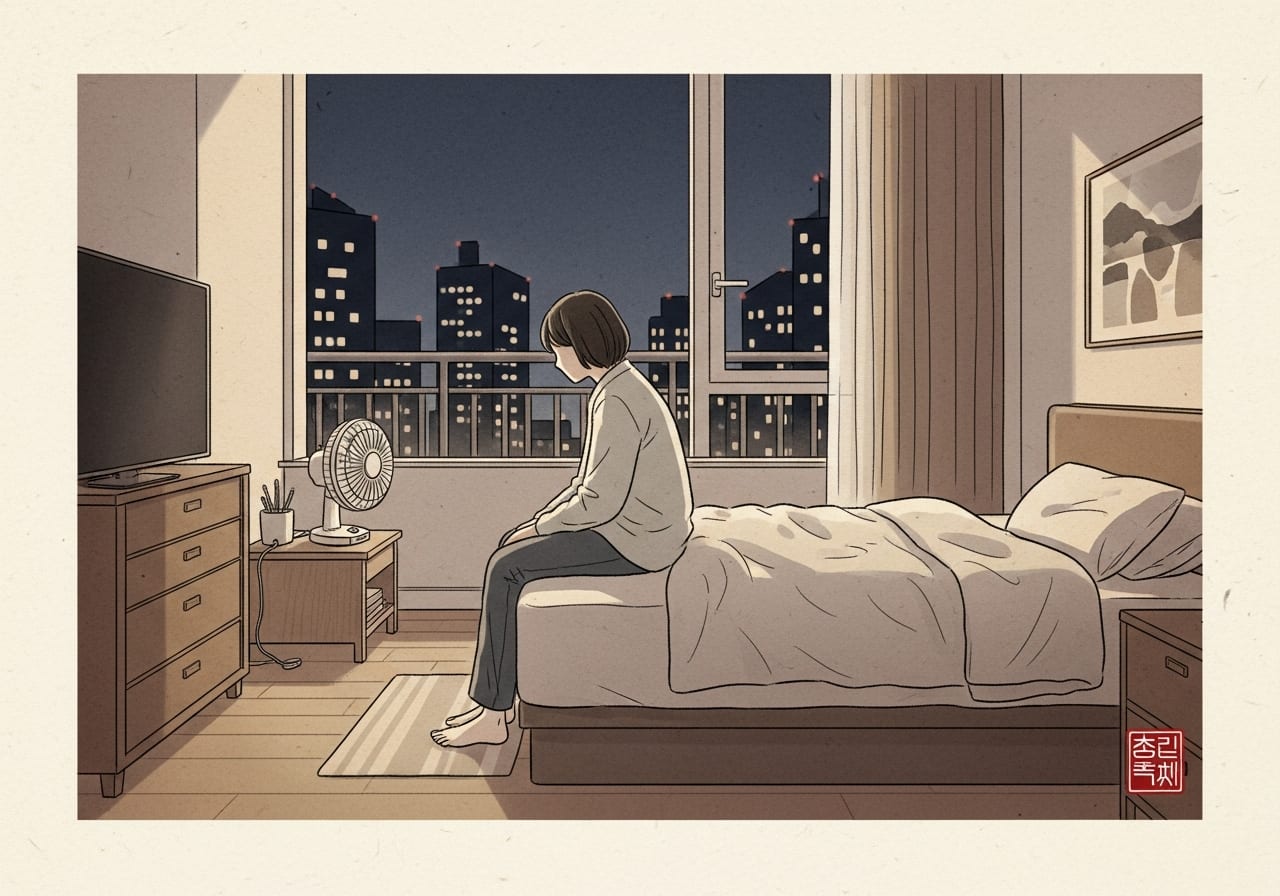 창밖으로 도시의 여름밤 불빛이 보이는 방에서 잠 못 이루고 앉아 있는 사람